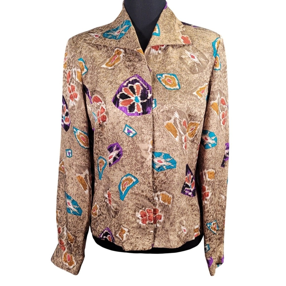 Vintage 80s Carlisle Silk Blouse 2 Geometric Ikat Abstract Earth Tone‎ Oversized